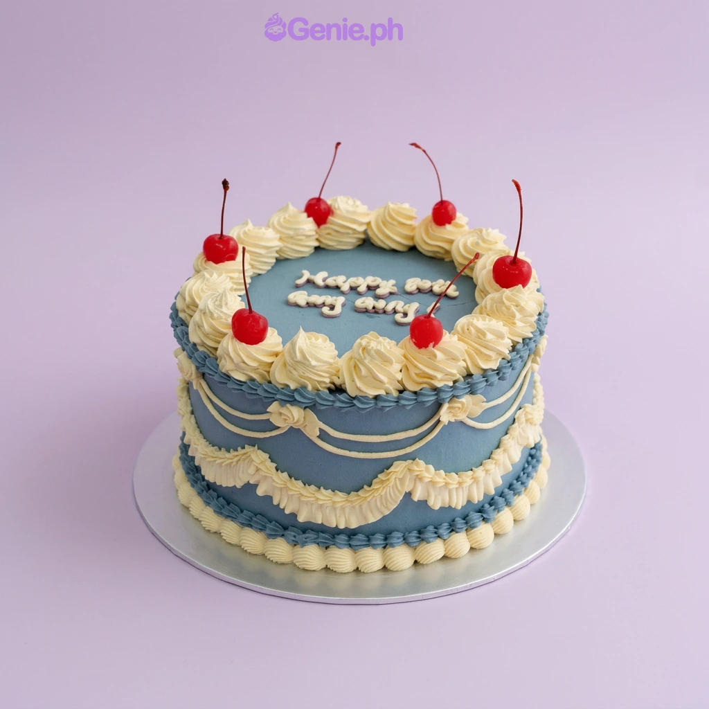Navy blue 1-tier cake with piped champagne swags and red cherry toppers