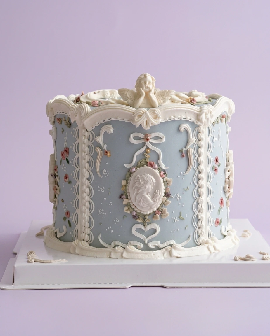 Elegant light blue vintage-style cake with intricate white icing piping, floral details, and a cherub topper.