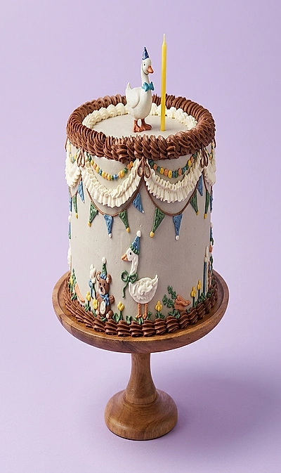 Vintage style white cake with brown piped borders, featuring hand-painted ducks and bears with party hats and colorful bunting.
