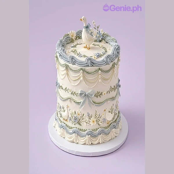 One tier cake with a duck figurine, white soft icing, blue icing swags, white and blue icing flowers, blue icing borders, blue icing bows, green icing leaves, white fondant flowers