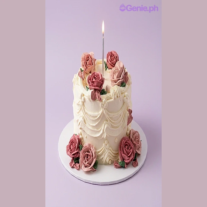 A white 1-tier Vintage Floral cake featuring pink and peach icing roses, green leaves, piped ruffles, and a silver candle.