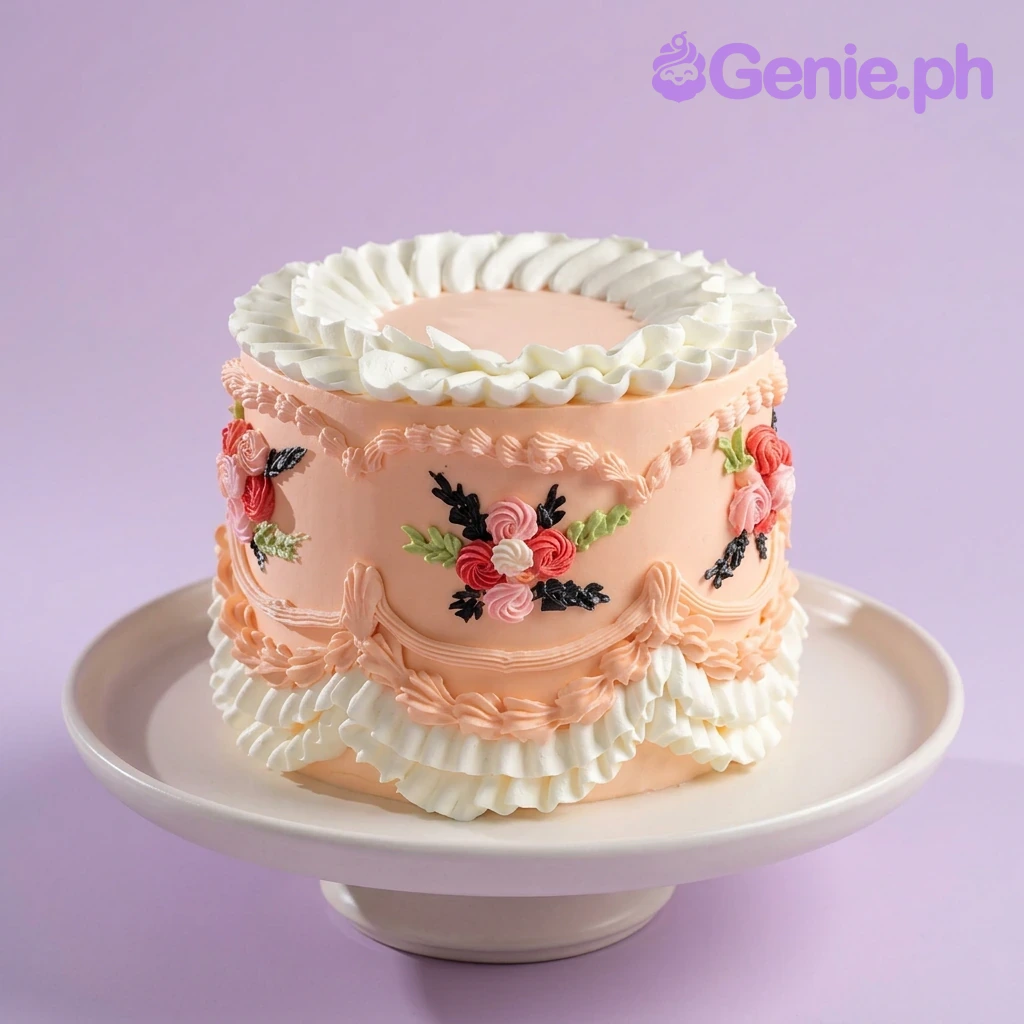 A peach and white 1 Tier cake themed around Vintage Floral, featuring intricate ruffles, piped floral garlands, and icing rosettes.