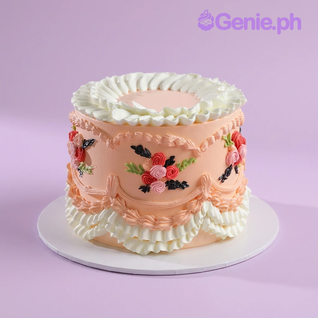 Peach 1-tier cake with soft icing, intricate white piped ruffles, and colorful floral icing clusters