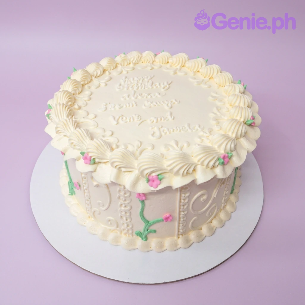 Vintage Floral White Birthday Cake A white 1-Tier cake with a Vintage Floral theme, featuring piped shell borders, pink floral accents, and a personalized message.
