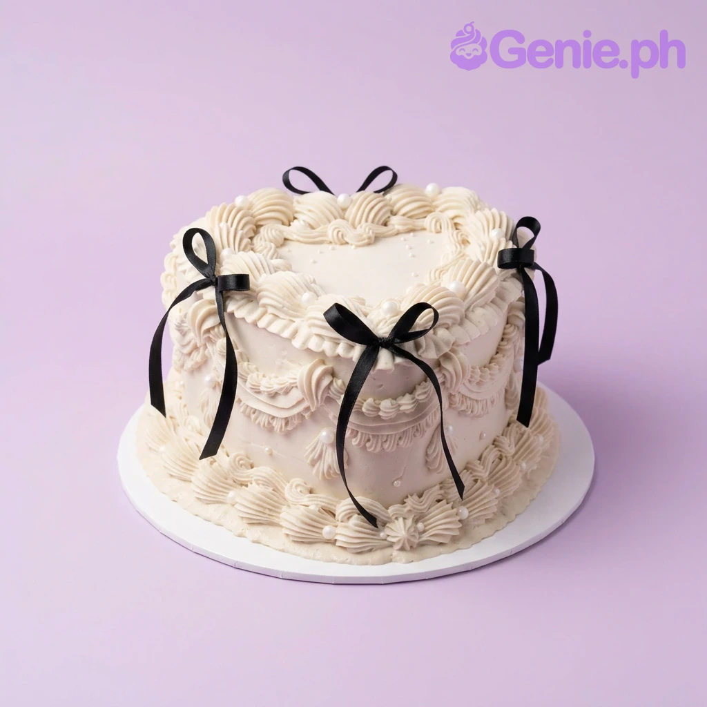 A white 1-tier heart-shaped cake themed around Vintage Heart, featuring black satin bows, intricate shell piping, and white edible pearls.