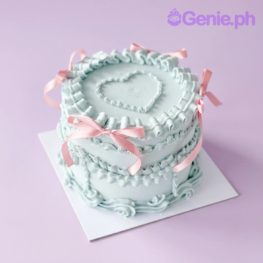 Vintage Heart Sky Blue Cake A light blue and pink 1 Tier cake themed around Vintage Heart, featuring a piped icing heart and pink satin bows with intricate ruffles.