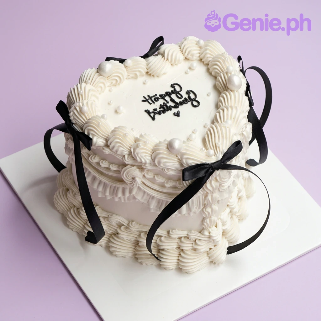 A white 1 Tier Vintage Heart cake with black accents, featuring 'Happy Birthday' text, satin bows, icing ruffles, and white pearls.