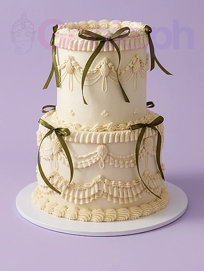 Elegant 2-tier ivory vintage-style cake with intricate piped ruffles, swags, and dark green satin ribbons.