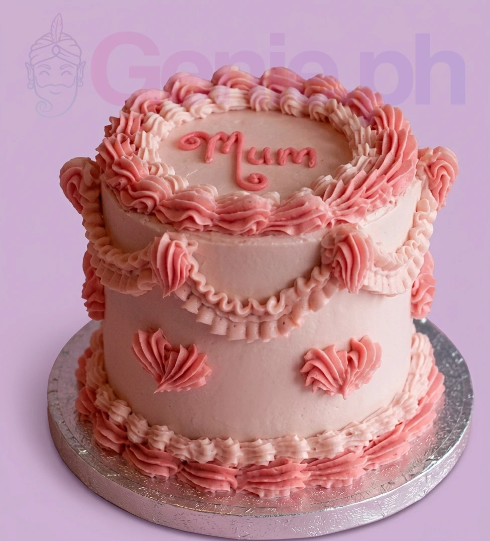 Pink vintage lambeth cake with intricate icing ruffles and a piped message for Mum.