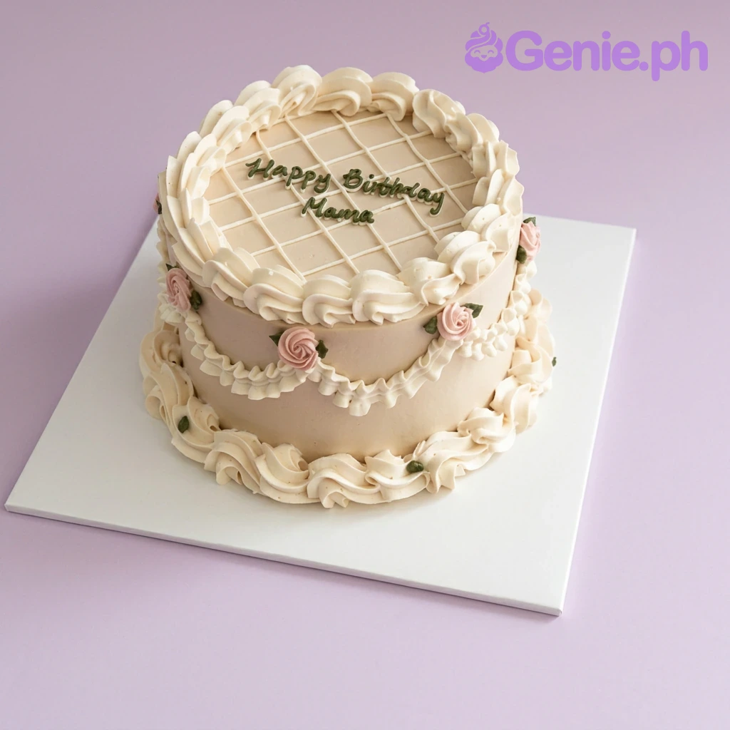 Vintage Mama Peach Birthday Cake A beige vintage-style 1-tier cake with white icing ruffles, pink rosettes, a quilted top, and 'Happy Birthday Mama' text.