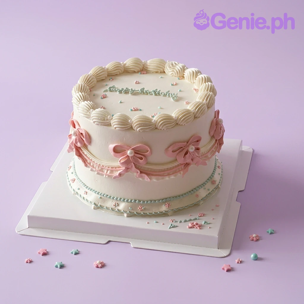 A white and pink 1-tier Vintage Pink Bow cake, featuring pink bows, a light blue 'Happy Birthday' message, and white borders.