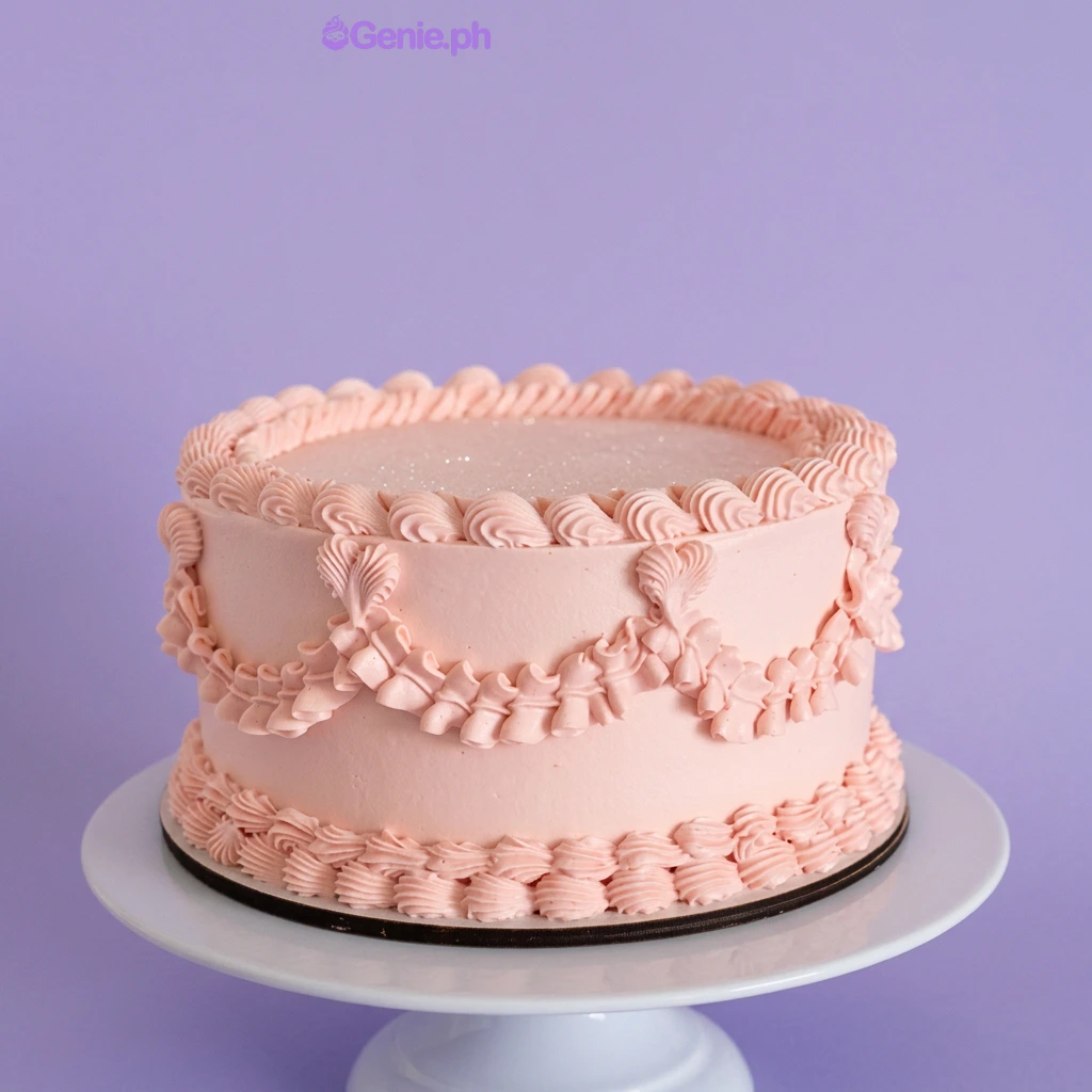 Vintage Pink cake design — 1 layer soft icing cake in light pink — with piped swags and borders