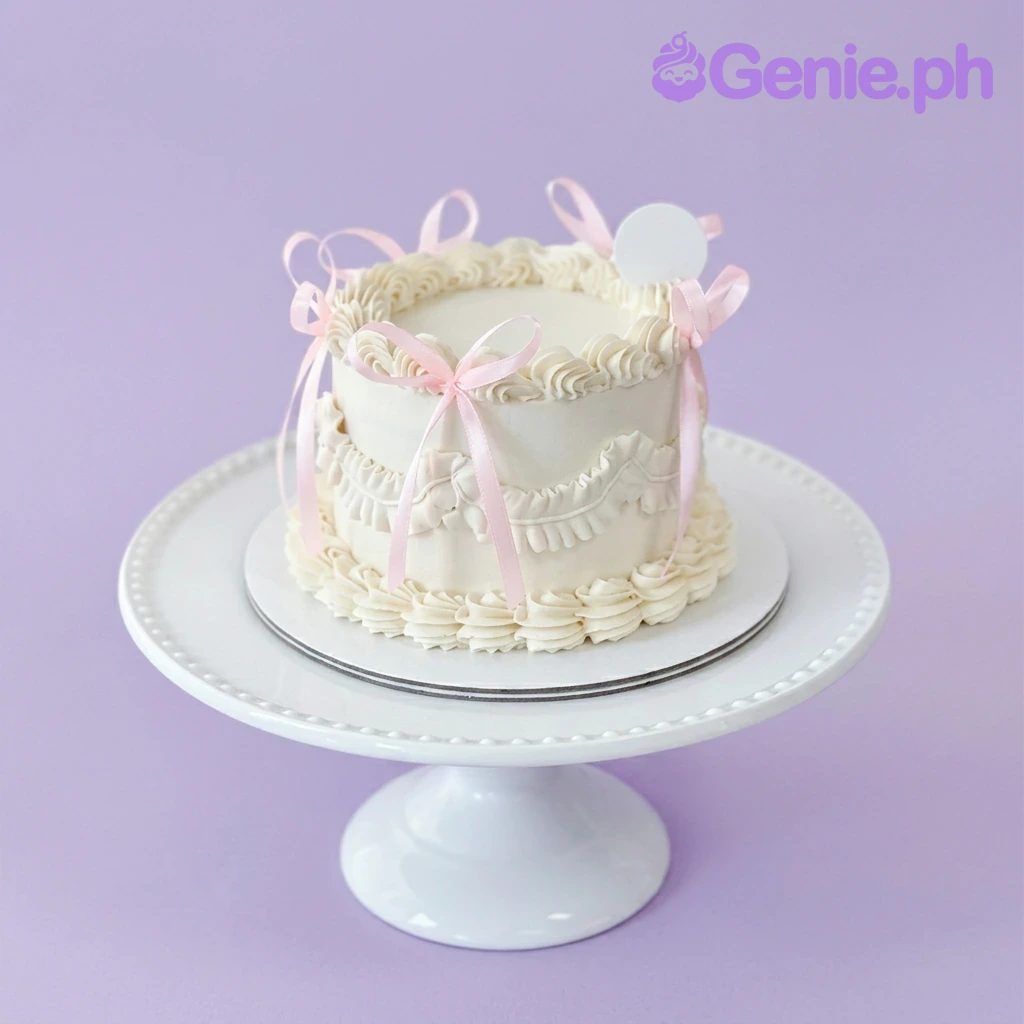 A white and pink 1-tier cake themed around Vintage Pink Ribbon, featuring a circular topper, pink satin bows, and white piped ruffles.