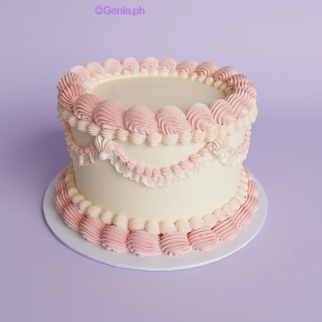 Vintage Pink White Rosette Birthday Cake White single-tier cake with light pink piped icing swags and rosette borders