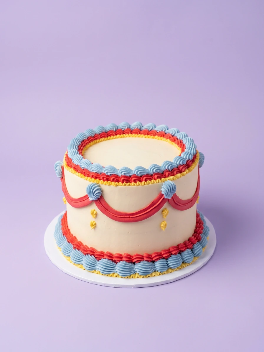 Vintage style 1-tier cake with ivory base icing and intricate red, blue, and yellow piped borders and swags.