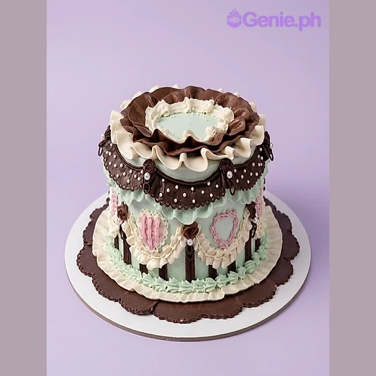 Mint green 1-tier cake with brown piped ruffles and pink heart decorations