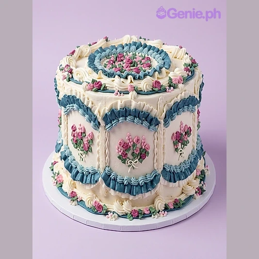 White single-tier cake with blue piped ruffles and pink icing flowers