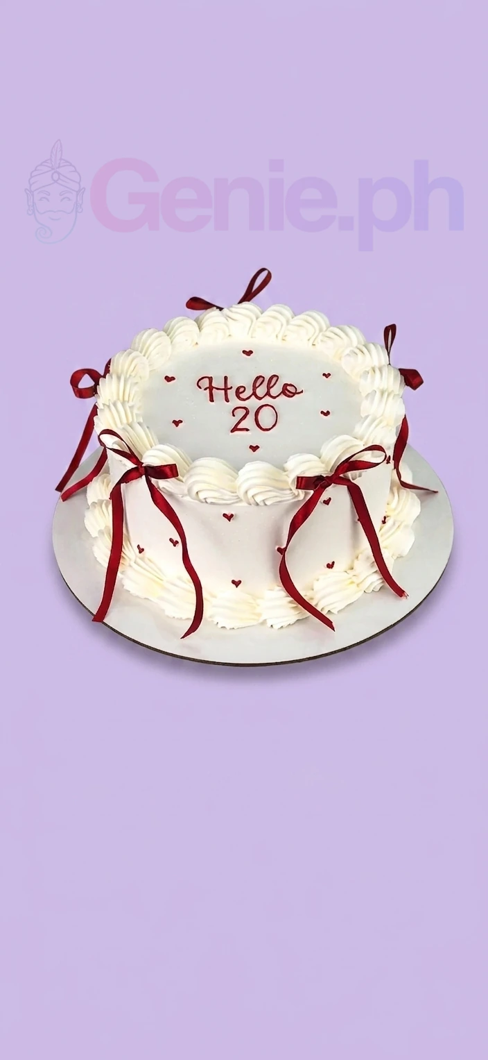 White minimalist vintage cake with red ribbon bows and piped icing borders for a 20th birthday celebration.
