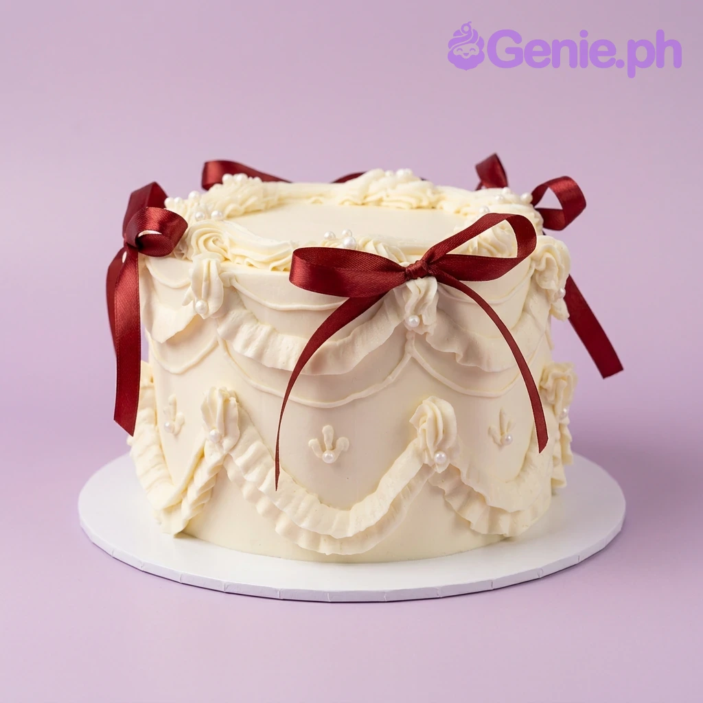 A white 1 Tier cake themed around Vintage Red Ribbon, featuring deep red satin bows and white buttercream ruffles with pearl beads.