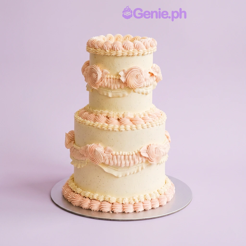 Vintage Ruffle 3-Tier Birthday Cake 3-tier vintage style cake with piped light pink rosettes and ruffles on ivory icing