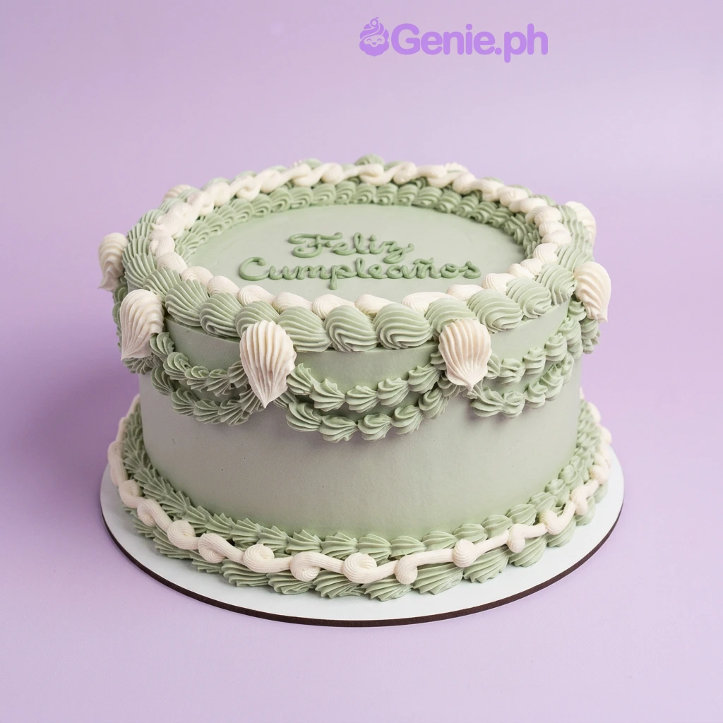 Vintage Sage Mint Birthday Cake Sage green single-tier cake with white piped shell borders and swags