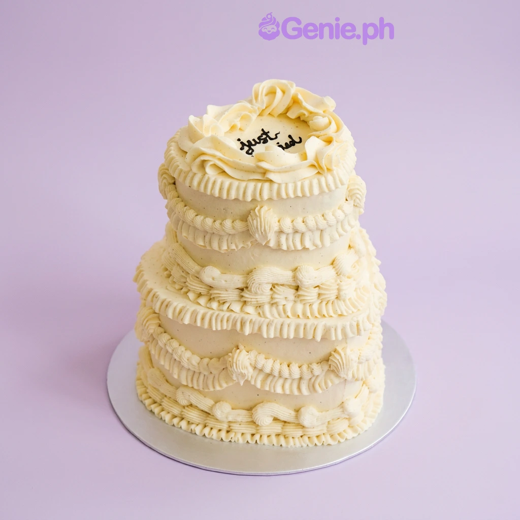 Vintage Wedding Ivory 2-Tier Cake Light yellow 2-tier vintage piped wedding cake with Just Married message on top