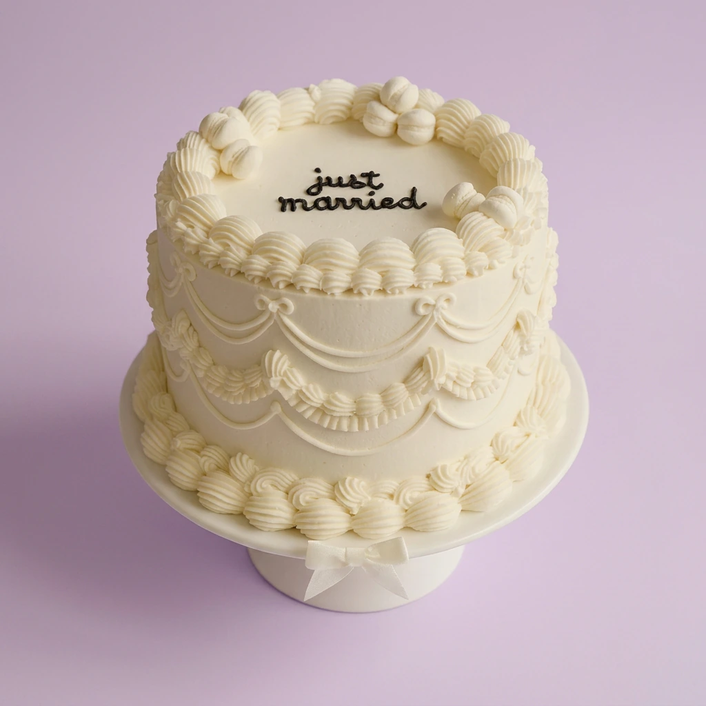 Elegant white vintage-style wedding cake with intricate piped icing swags and 'just married' message in black icing.