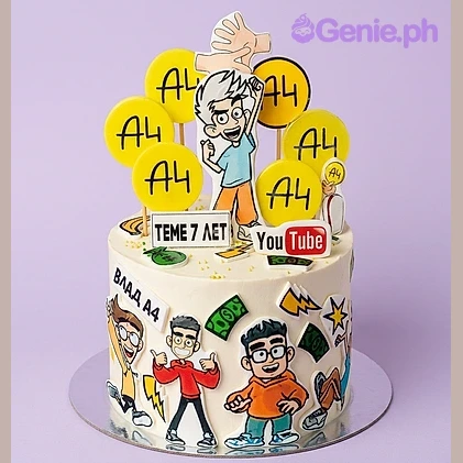 Vlad A4 White Birthday Cake White 1-tier birthday cake with Vlad A4 character printouts and YouTube-themed decorations