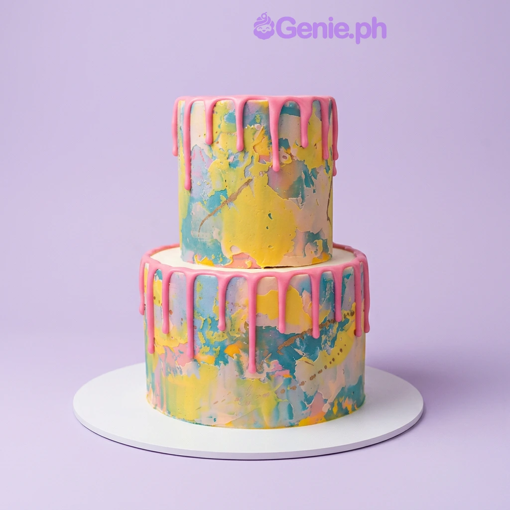Watercolor Drip 2-Tier Cake Watercolor Drip cake design — 2 layer fondant cake in pink — with pink drip on both tiers