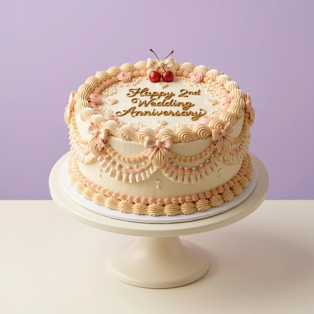 Vintage-style ivory anniversary cake with intricate pink and beige icing ruffles, bows, and a cherry topper. Vintage-style ivory anniversary cake with intricate pink and beige icing ruffles, bows, and a cherry topper.