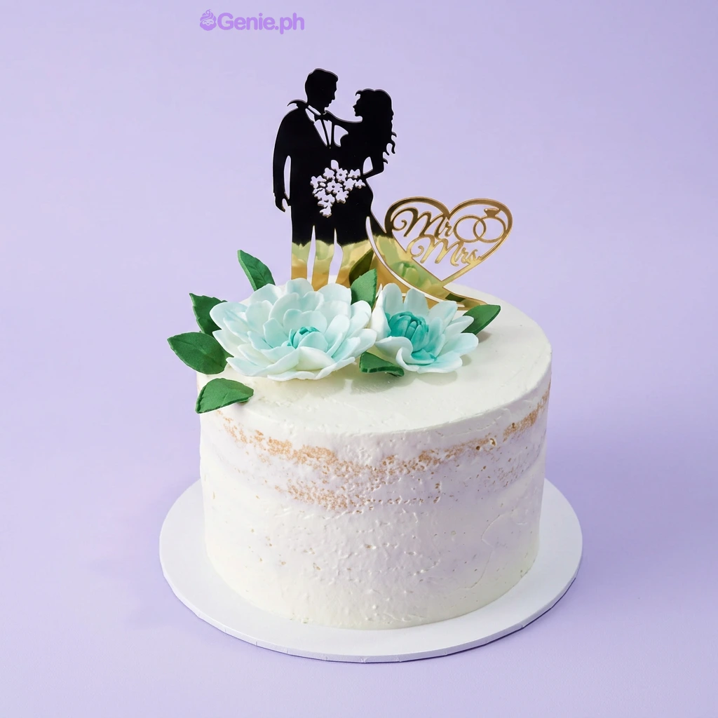 Wedding Silhouette White Floral Cake White semi-naked 1-tier cake with a black couple silhouette, gold 'Mr & Mrs' heart, and light blue gumpaste flowers.