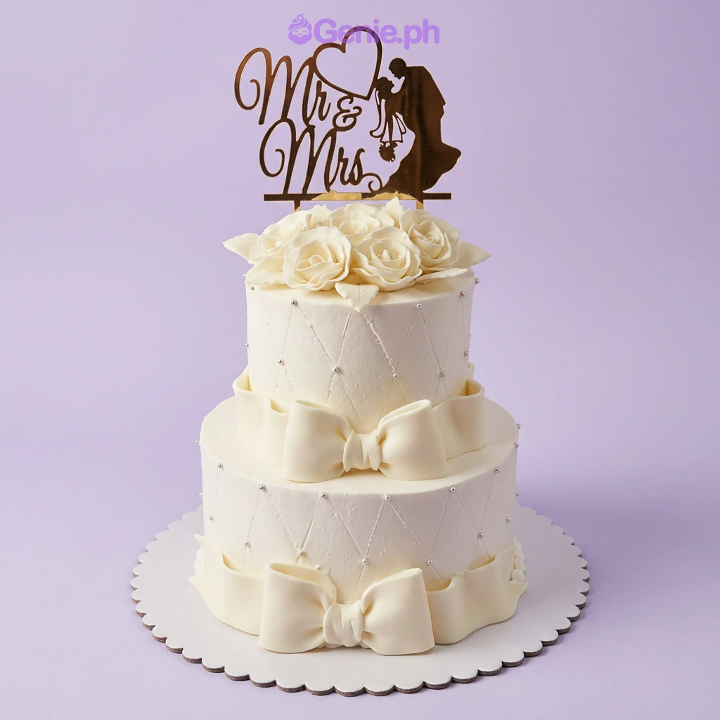 Wedding White Silhouette 2-Tier Cake A white 2-tier wedding cake, with quilted icing, silver dragees, cream fondant bows, and a gold Mr & Mrs topper.