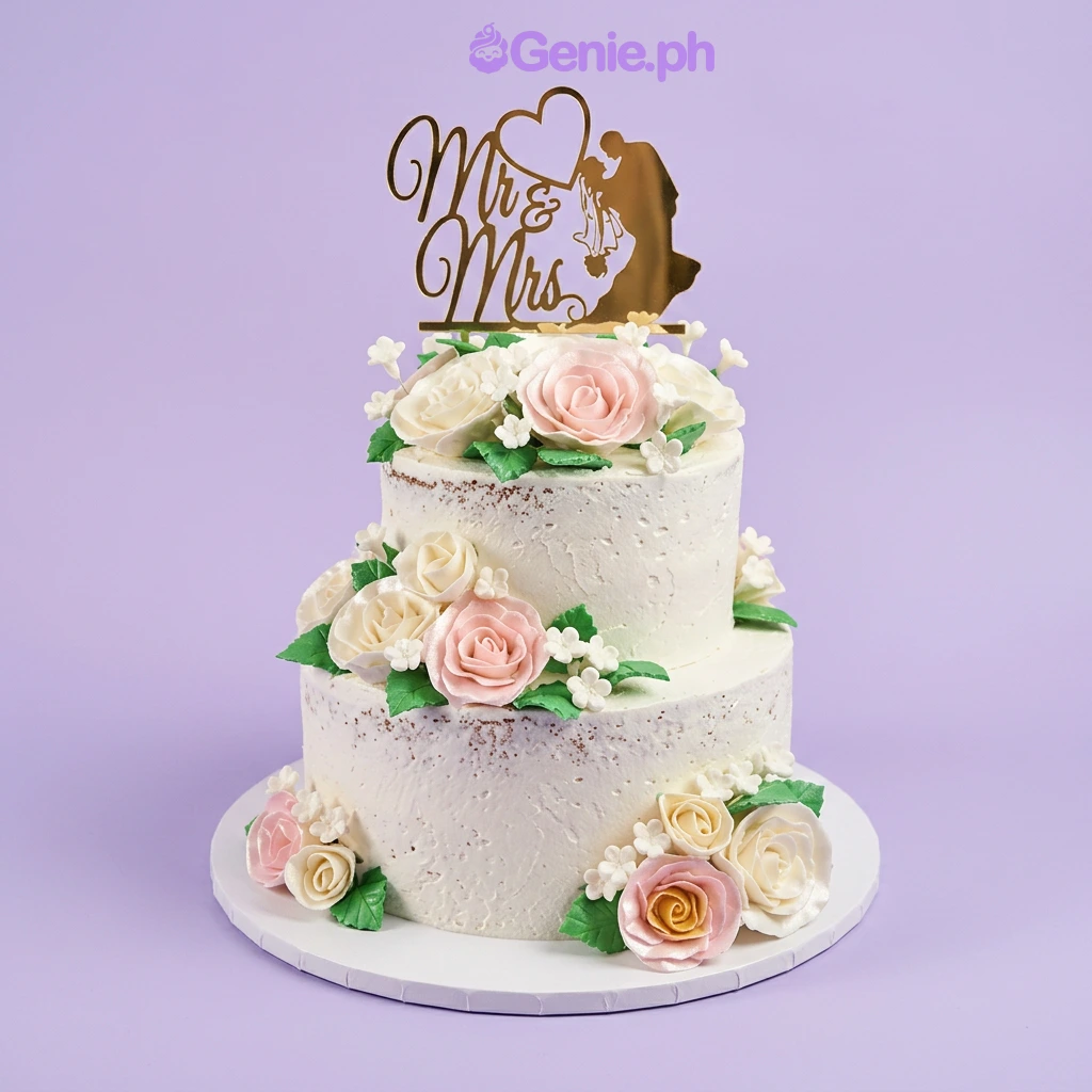 Wedding White Floral 2-Tier Cake A white semi-naked two-tier wedding cake, featuring a gold Mr & Mrs topper, pink and white gumpaste roses, and green leaves.