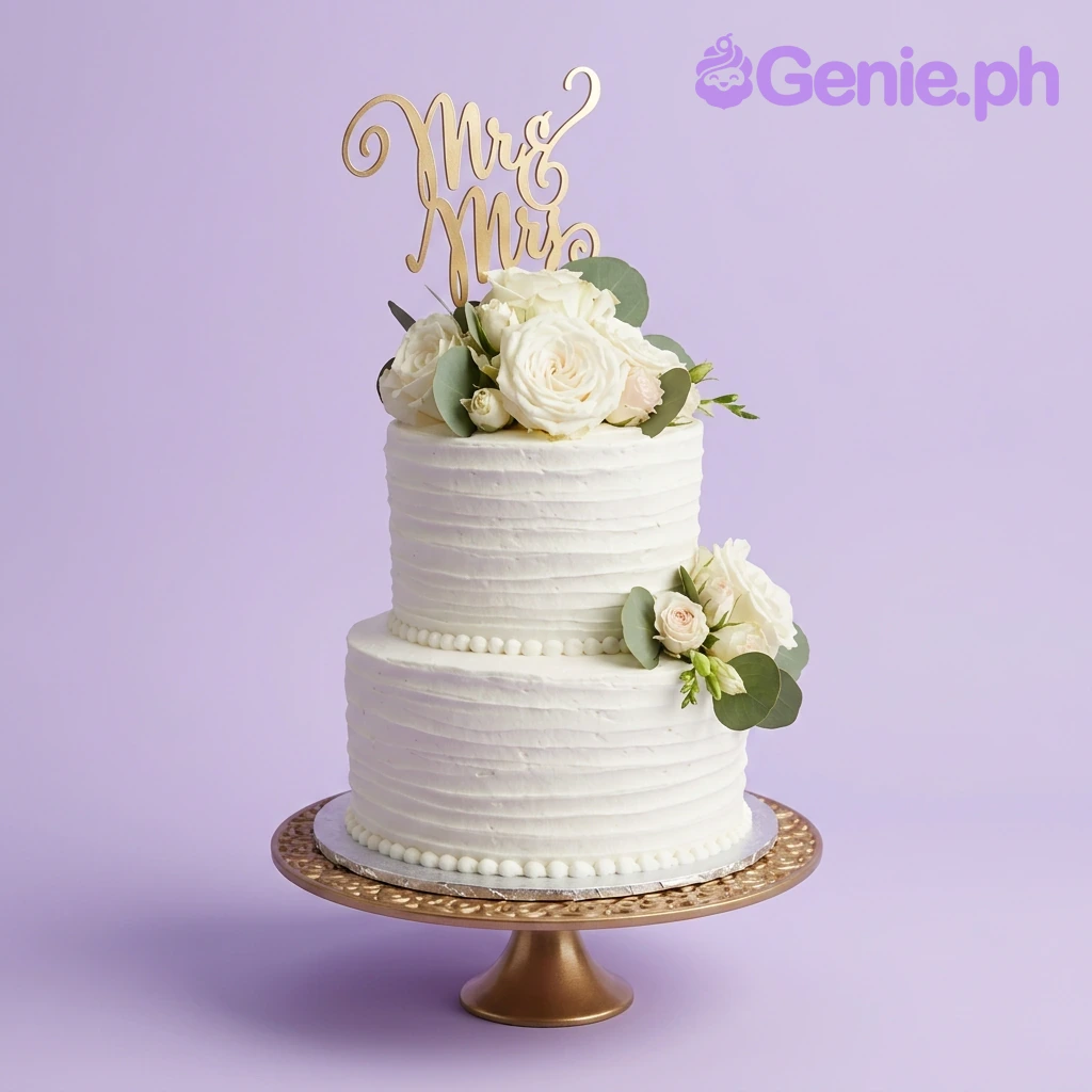 Wedding White Floral 2-Tier Cake A white 2-tier wedding cake with horizontal textured icing, featuring a gold Mr & Mrs topper and fresh white roses.