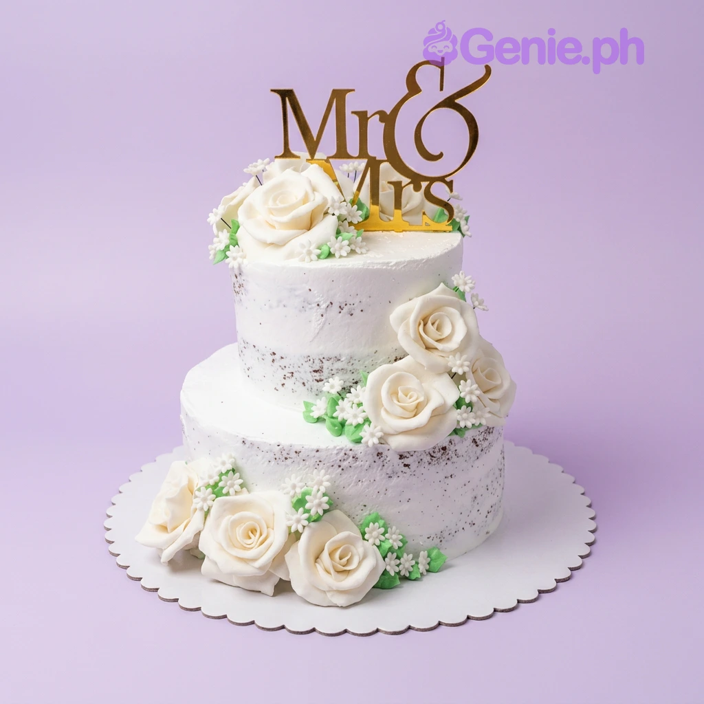 Wedding White Floral 2-Tier Cake A white and gold 2-tier cake themed around Wedding, featuring a gold Mr & Mrs topper and white gumpaste roses with green leaves.