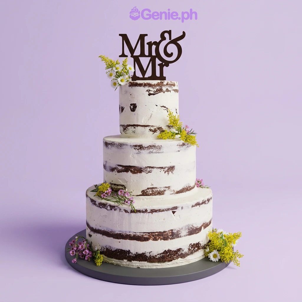 Three tier semi-naked wedding cake with a Mr and Mrs topper and edible white yellow and pink flowers