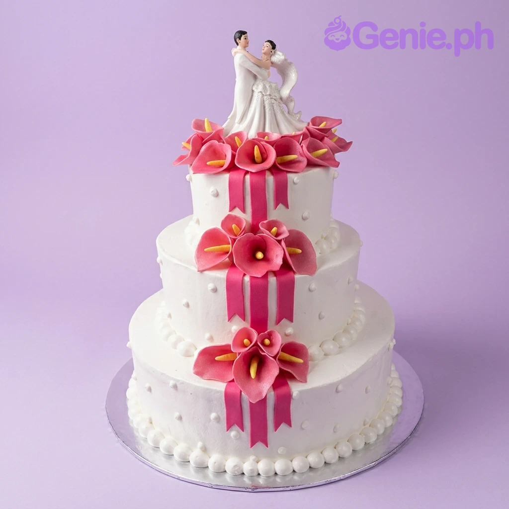 Wedding White 3-Tier Cake A white 3-tier wedding cake, adorned with pink calla lilies, red ribbons, white icing dots, and a bride and groom figurine topper.