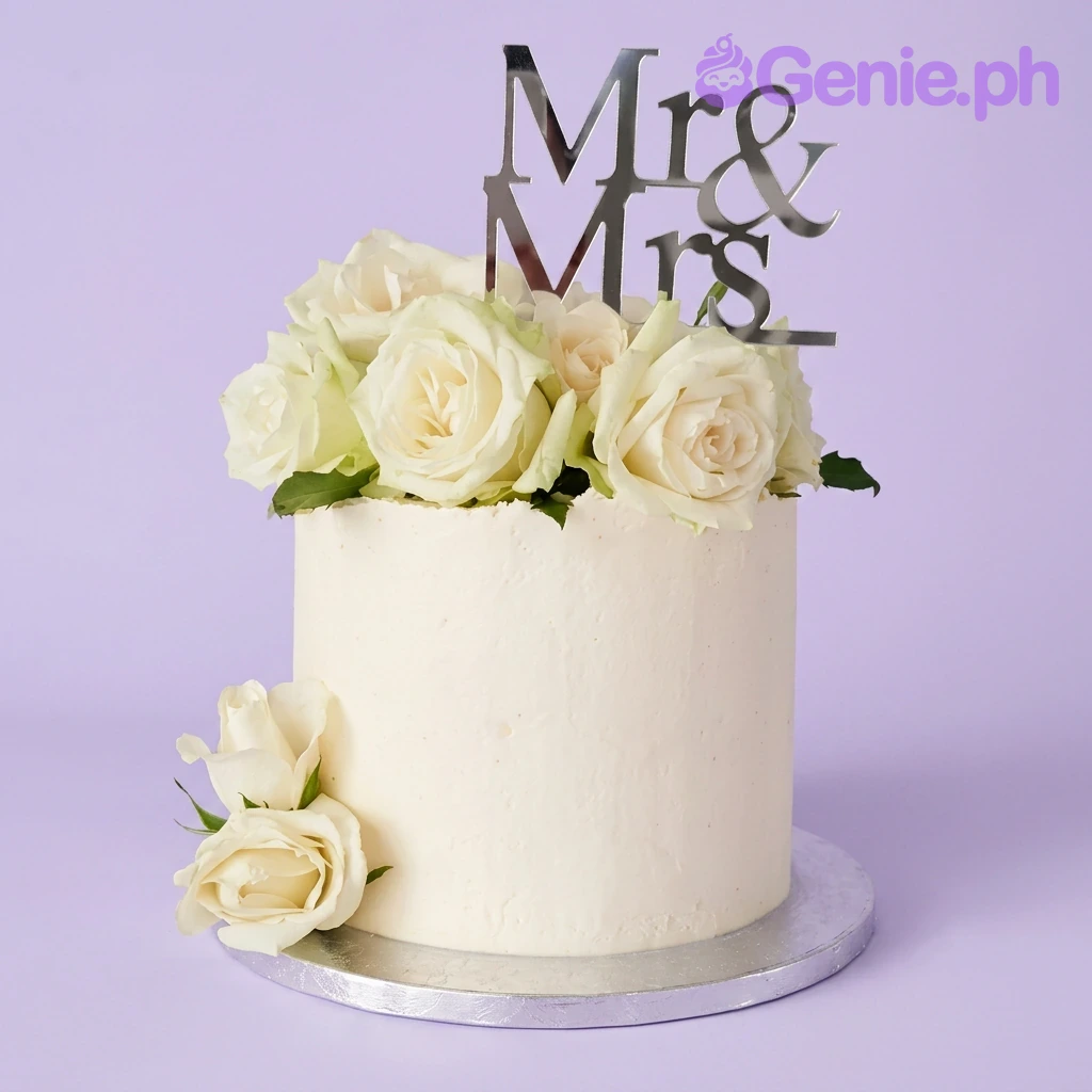 Wedding White Floral Cake A white single-tier cake themed around a wedding, featuring a silver Mr & Mrs cardstock topper and fresh white roses.