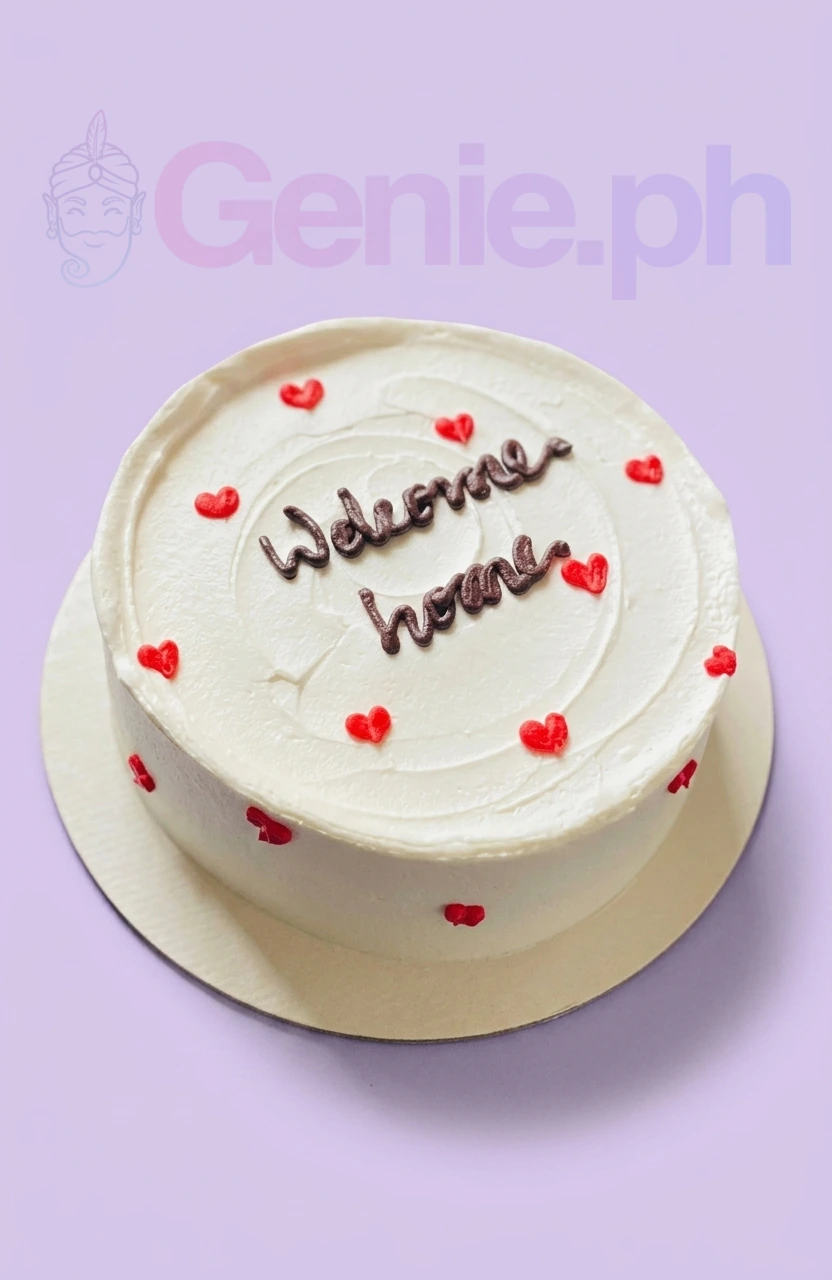 White bento cake with red icing hearts and brown piped message 'Welcome home' on top. White bento cake with red icing hearts and brown piped message 'Welcome home' on top.