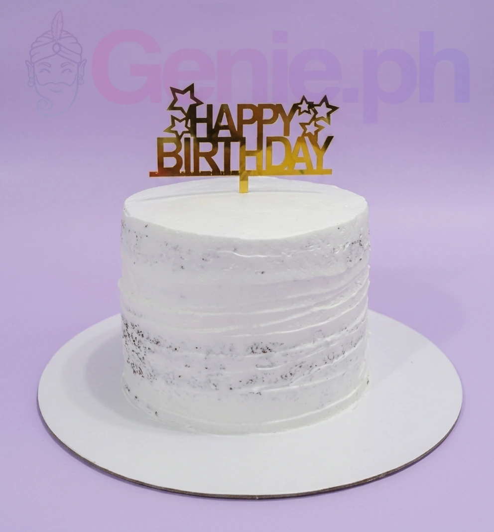 Minimalist white textured 1-tier birthday cake with a gold glitter Happy Birthday topper featuring stars.