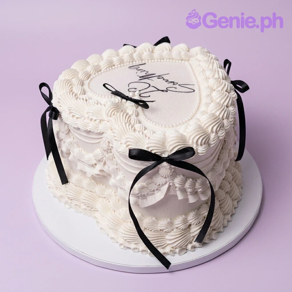 A white heart-shaped vintage 1-tier cake with piped ruffles, black satin bows, and '23 Something' text.