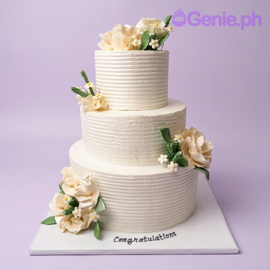 White Wedding Floral 3-Tier Cake A white 3-tier wedding cake with horizontal textured icing, adorned with cream-colored flowers and green leaves.