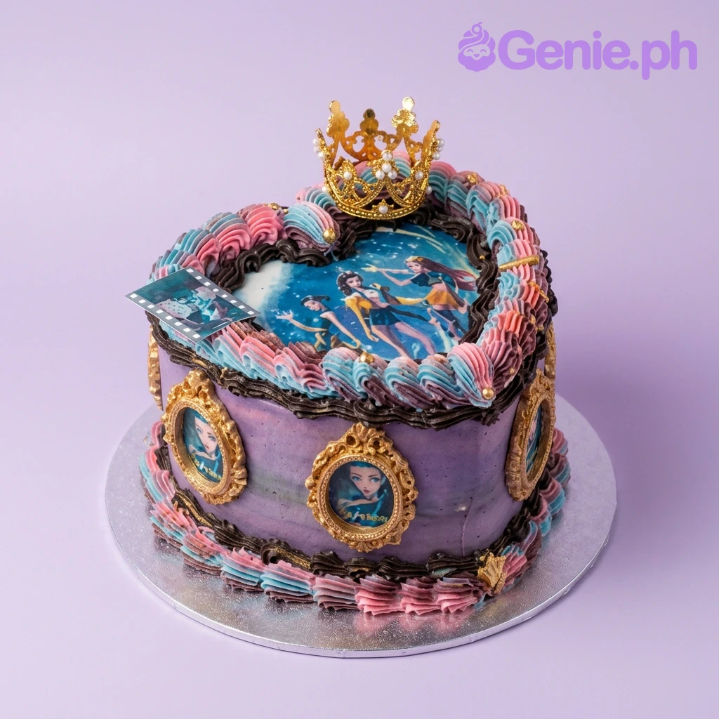 Winx Club Heart Birthday Cake A heart-shaped purple cake with pink and blue ruffles, a gold crown, and Winx Club character printouts.