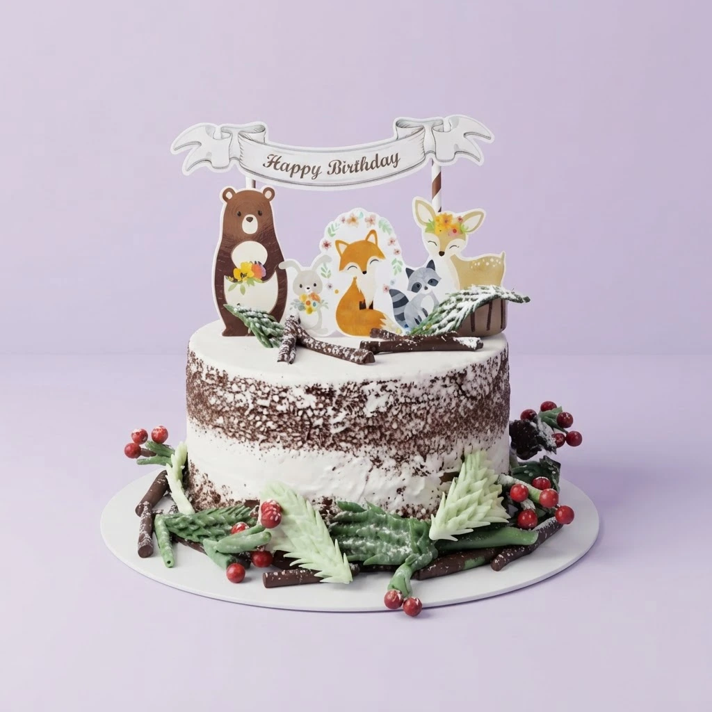 Woodland Animal White Birthday Cake A white 1-tier Woodland Animal cake, featuring a 'Happy Birthday' banner, animal printouts, pine branches, berries, and logs.