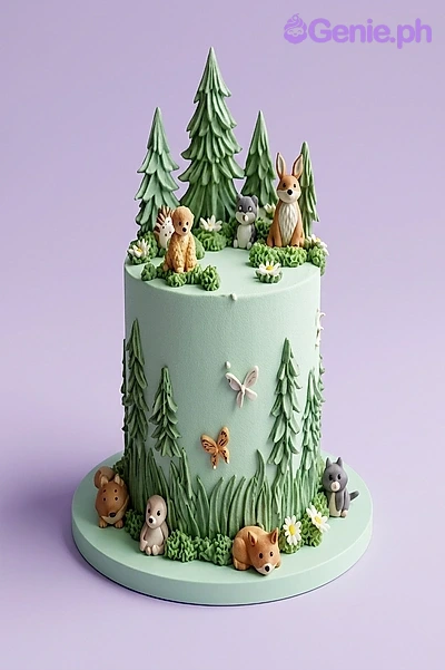 Woodland Forest Mint Birthday Cake A light green 1 Tier cake themed Woodland Forest, featuring fondant bears, foxes, raccoons, pine trees, piped green accents, and white daisies.