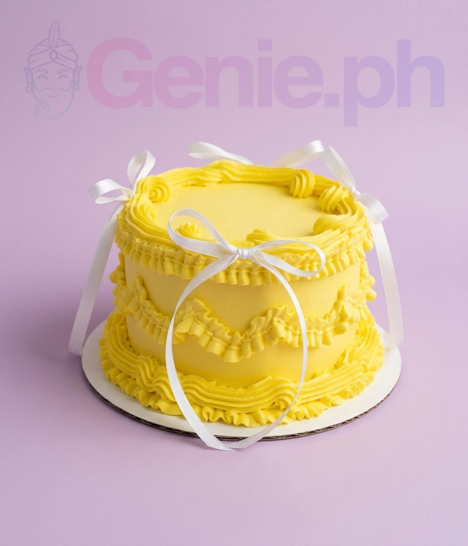 Yellow minimalist vintage cake with ruffled icing borders and white ribbon bows on a white textured surface.