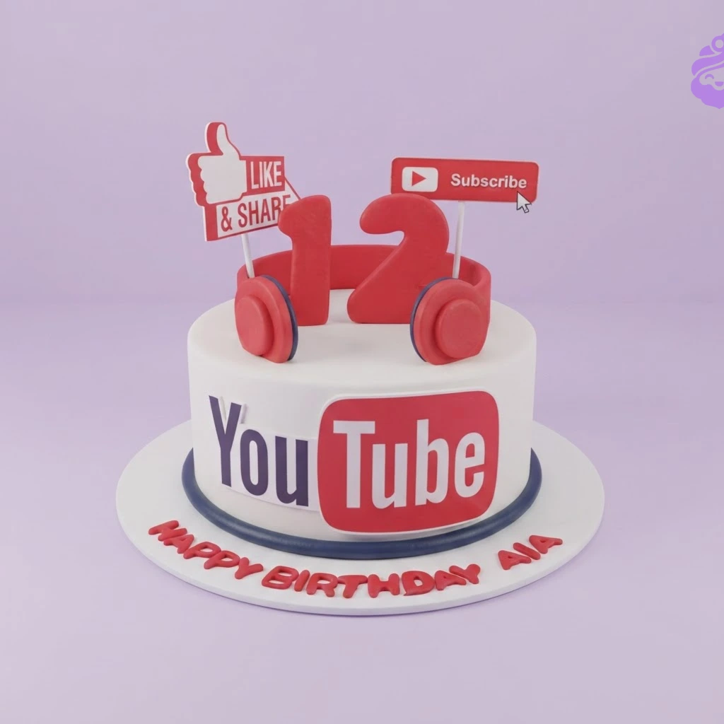YouTube White Birthday Cake A white 1-tier cake themed around YouTube, featuring red headphones, a red number 12, 'Like & Share' sign, 'Subscribe' button, and a YouTube logo.