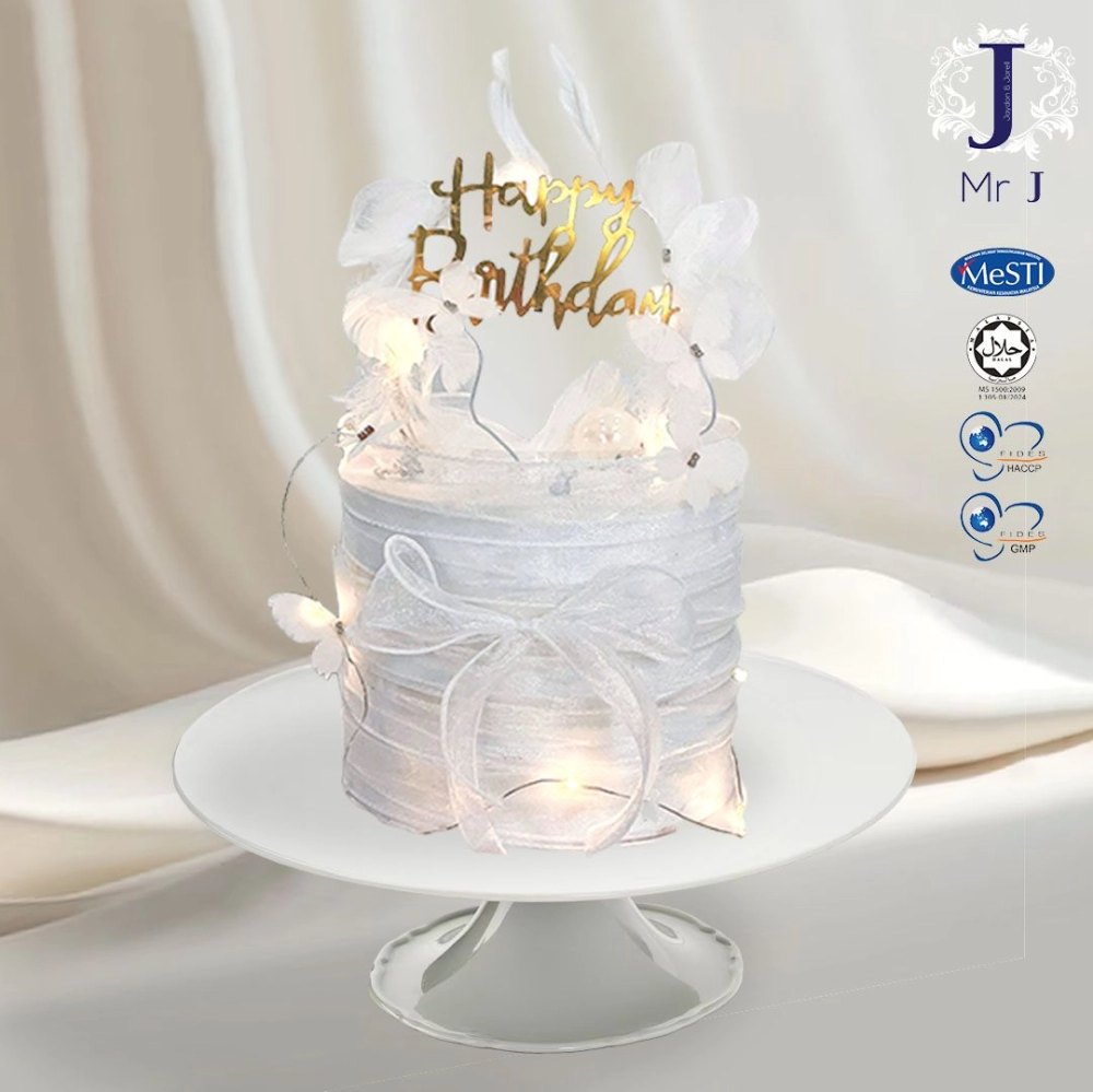 Minimalist White Cake Minimalist white 1 tier cake with gold happy birthday topper and white fabric bow