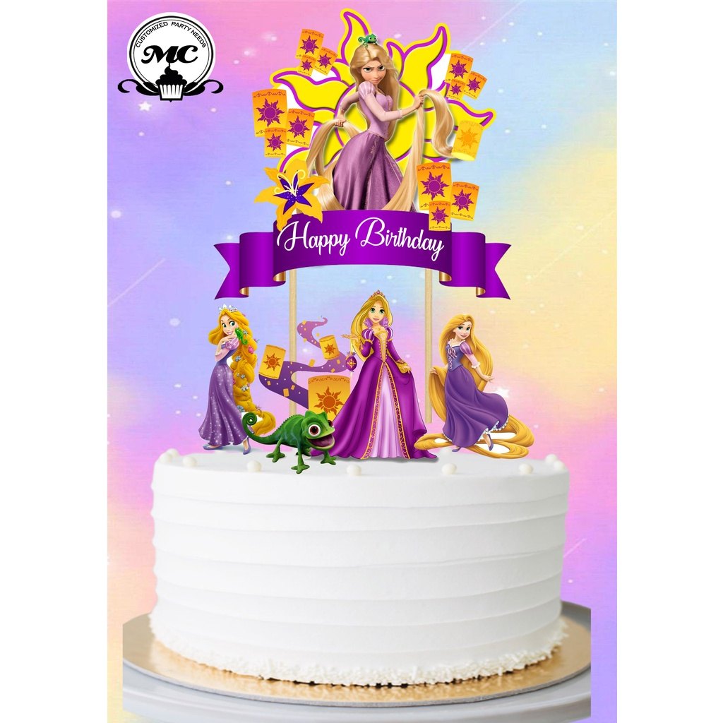 Rapunzel-Inspired White Birthday Cake White 1-tier birthday cake with Rapunzel character printout toppers and Happy Birthday banner