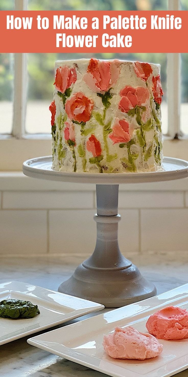 Palette Knife White Floral Cake White 1-tier cake with pink and red palette knife flower icing decorations